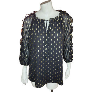 C‎ by 1946 Cato Womens Size Medium Black with Metallic Gold Dots Blouse Ruffle
